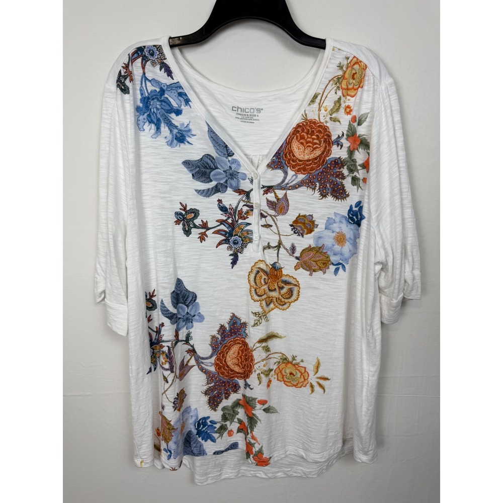 Chico's Women Cotton Modal Top XXL White Floral Paisley Henley V-Neck Slub